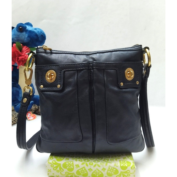 Marc by Marc Jacobs Black Leather Double Turnlock Pockets Zipper Crossbody Bag - Picture 1 of 16